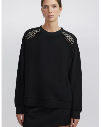 Bluza de trening cu margele si decolteu la baza gatului, Auriu/Negru