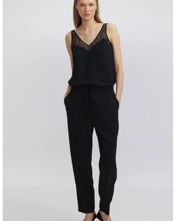 Pantaloni uni cu snur in talie, Negru