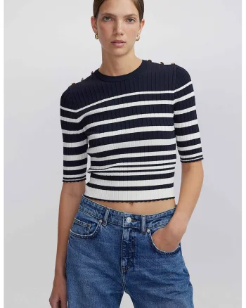 Pulover crop cu nasturi decorativi si dungi, Alb/Albastru ultramarin