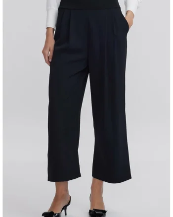 Pantaloni crop cu pliuri frontale si talie inalta, Negru