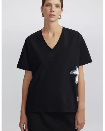 Tricou lejer cu decolteu in V, Negru/Albastru prafuit/Albastru glaciar