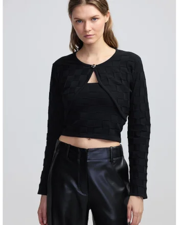 Cardigan crop cu aspect texturat, Negru