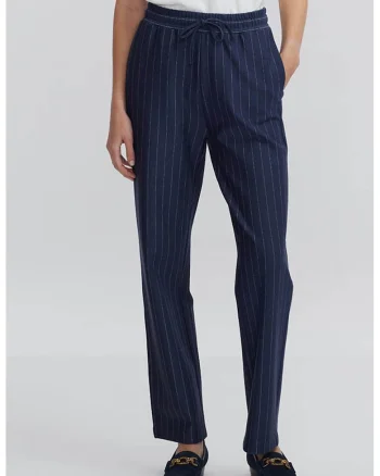 Pantaloni cu dungi discrete si talie ajustabila, Alb murdar/Bleumarin