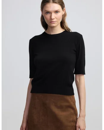 Pulover din amestec de lana si casmir cu maneci medii, Negru