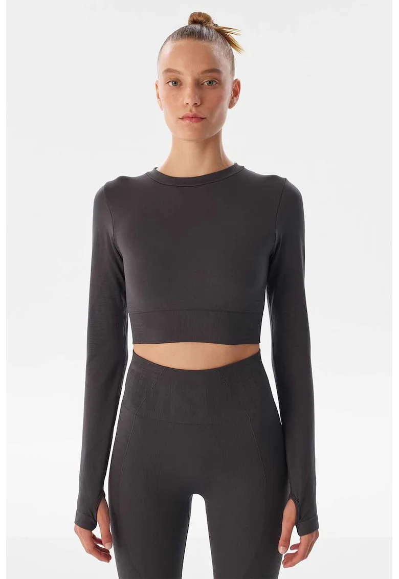 Bluza crop cu fanta pentru degetul mare, Gri antracit
