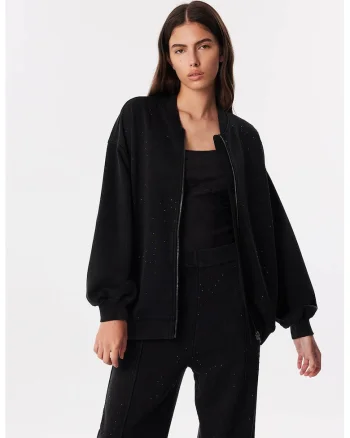 Bluza de trening lejera cu fermoar si strasuri, Negru