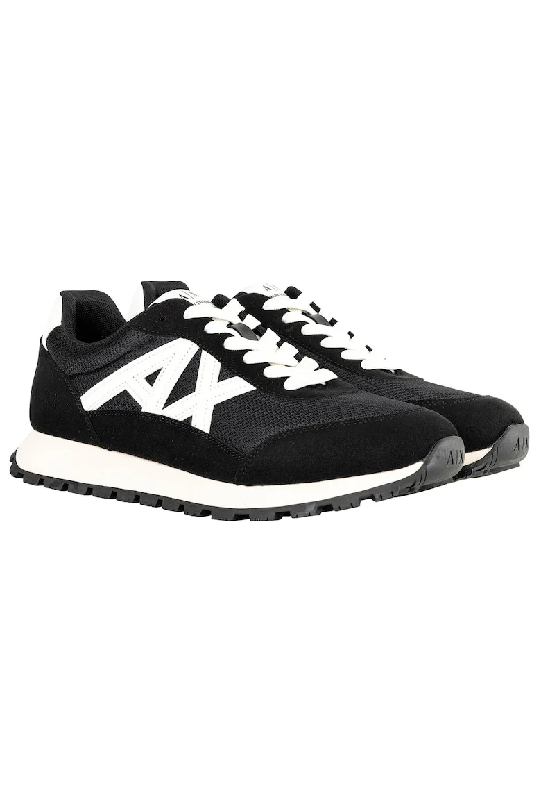 Pantofi sport din material sintetic cu garnituri de plasa si logo, Alb/Negru
