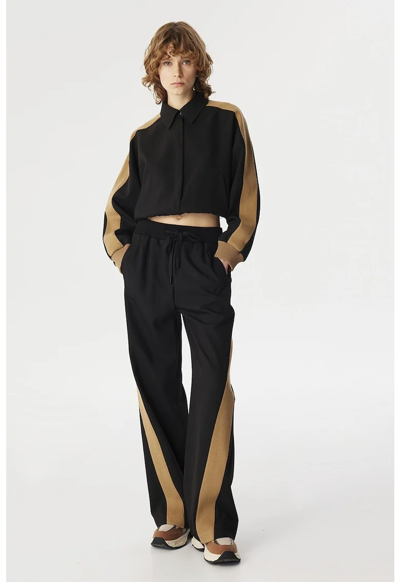 Pantaloni relaxed fit cu snur in talie, Negru/Bej