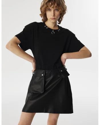 Rochie mini cu croiala in A si buzunare cu clapa, Negru