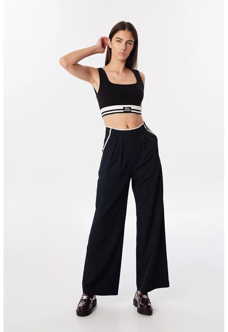 Pantaloni relaxed fit cu talie medie, Alb optic/Bleumarin