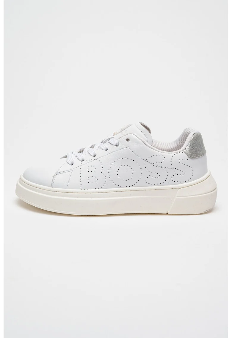 Pantofi sport de piele cu logo, Alb/Argintiu