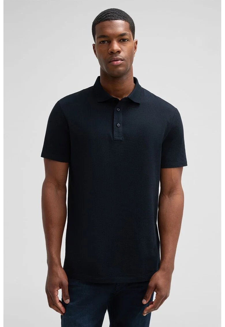 Tricou regular fit polo cu material texturat, Albastru inchis