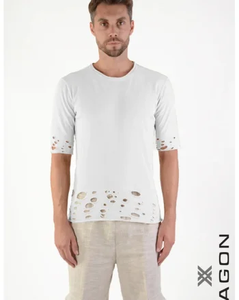 Tricou regular fit cu detalii damage la mâneci și talie, Alb