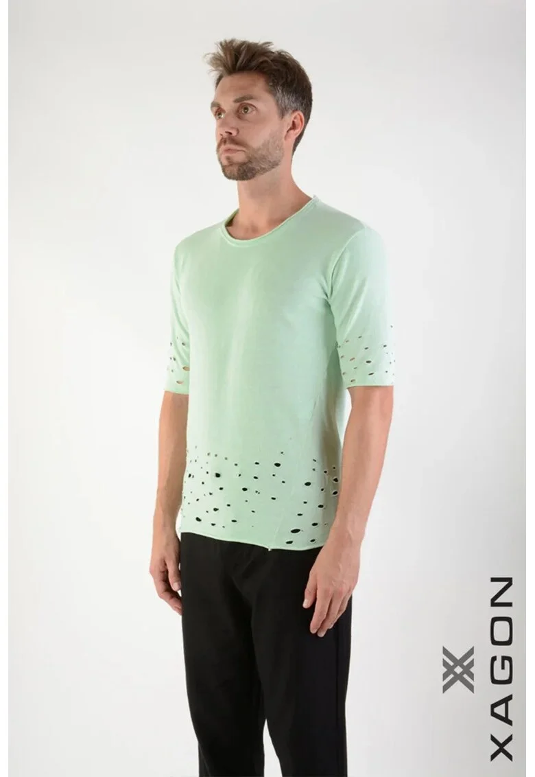 Tricou regular fit cu detalii damage la mâneci și talie, Verde