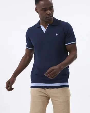 Tricou polo tricotat fin, Albastru ultramarin/Albastru deschis