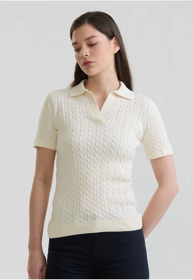 Tricou polo slim fit cu torsade, Alb fildes