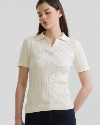 Tricou polo slim fit cu torsade, Alb fildes