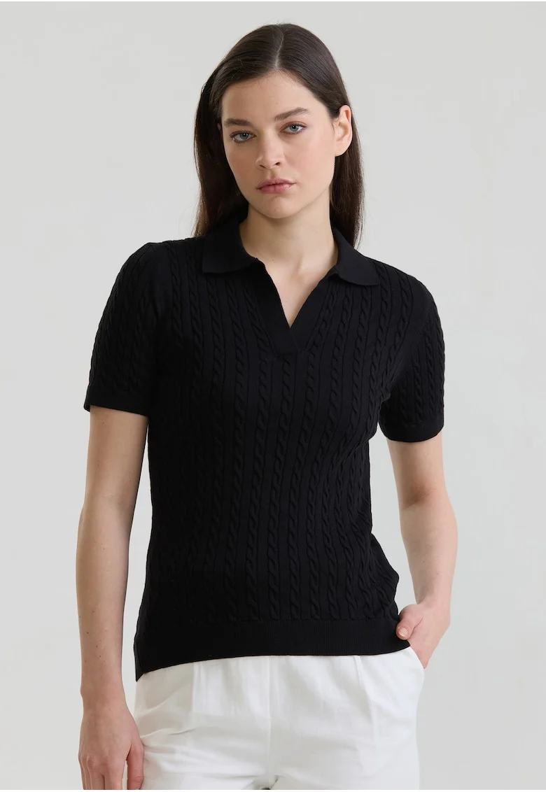 Tricou polo slim fit cu torsade, Negru