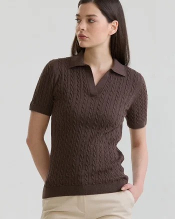 Tricou polo slim fit cu torsade, Maro inchis