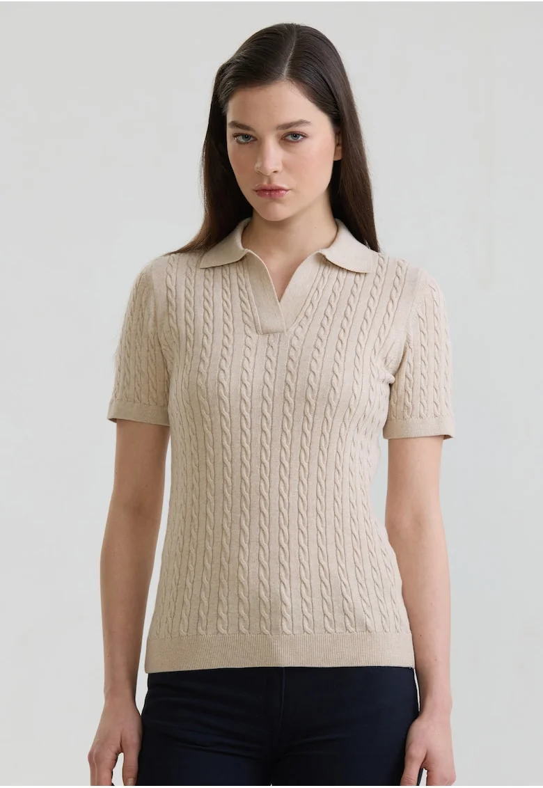 Tricou polo slim fit cu torsade, Bej inchis