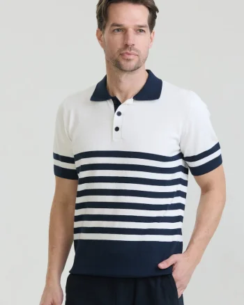 Tricou polo de bumbac cu dungi, Alb/Albastru ultramarin
