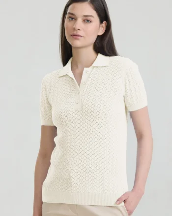 Tricou polo cu perforatii, Alb fildes