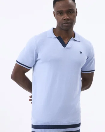 Tricou polo tricotat fin, Albastru deschis/Bleumarin