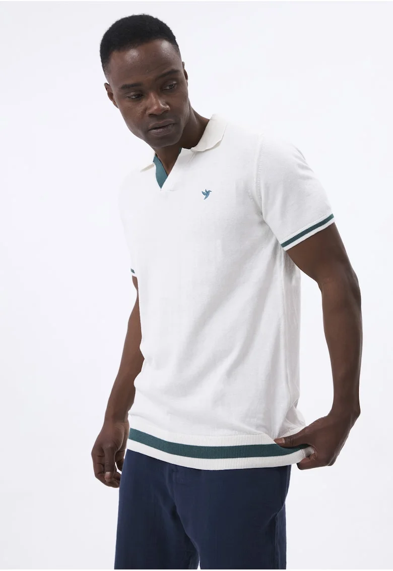 Tricou polo tricotat fin, Alb/Verde smarald
