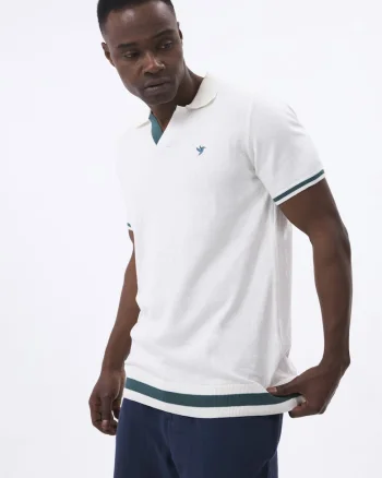Tricou polo tricotat fin, Alb/Verde smarald