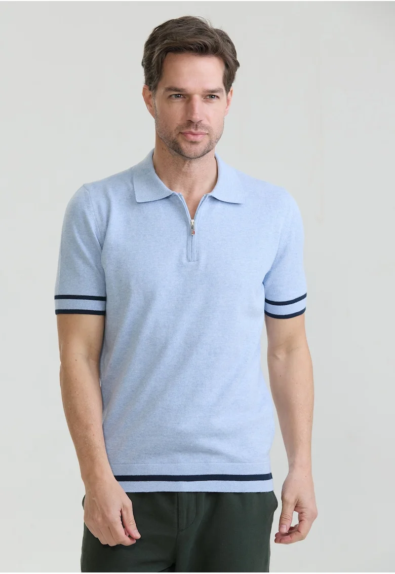 Tricou polo de bumbac cu fenta cu fermoar, Albastru ultramarin/Albastru azur