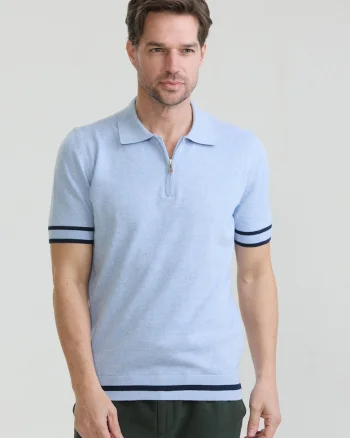 Tricou polo de bumbac cu fenta cu fermoar, Albastru ultramarin/Albastru azur