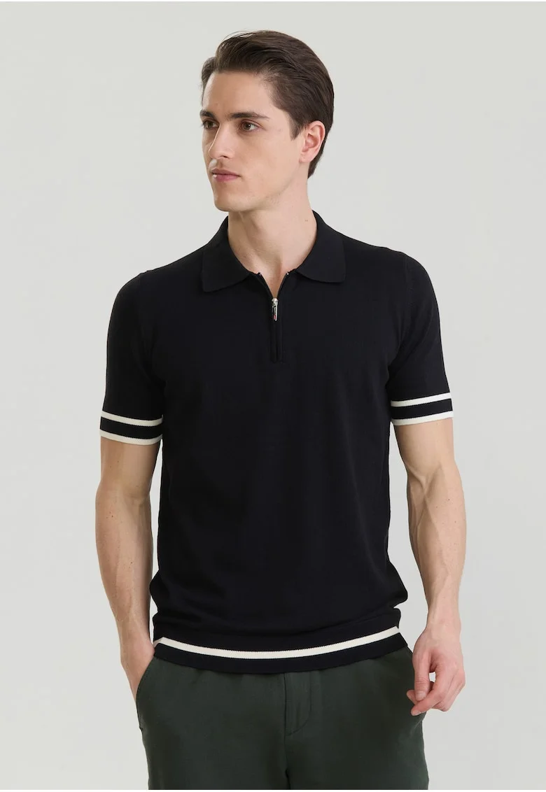 Tricou polo de bumbac cu fenta cu fermoar, Alb/Negru