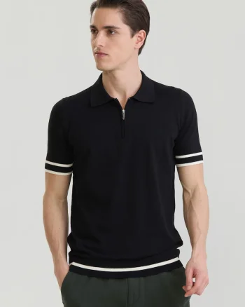 Tricou polo de bumbac cu fenta cu fermoar, Alb/Negru