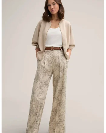 ,Pantaloni largi cu talie înaltă și imprimeu floral, Bej