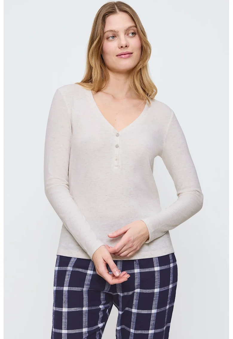 Bluza de pijama cu decolteu in V si fenta cu nasturi, Crem