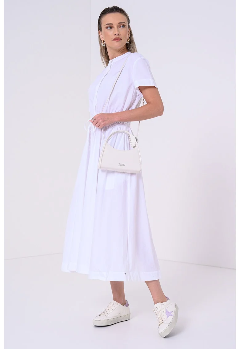 Rochie din amestec de bumbac organic cu snur in talie, Alb/Alb murdar