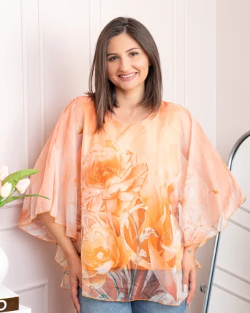 Bluza dama eleganta Shirley roz piersica din voal cu imprimeu floral