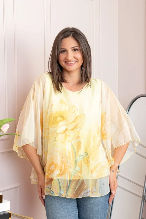 Bluza dama eleganta Shirley galben pastel din voal cu imprimeu floral