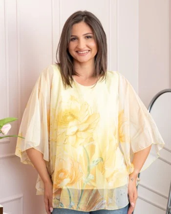 Bluza dama eleganta Shirley galben pastel din voal cu imprimeu floral