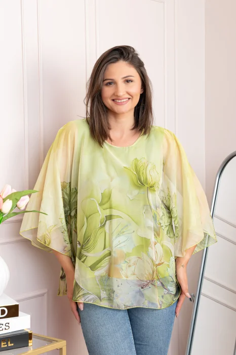 Bluza dama eleganta Shirley verde lime din voal cu imprimeu floral