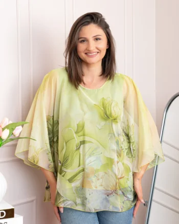 Bluza dama eleganta Shirley verde lime din voal cu imprimeu floral