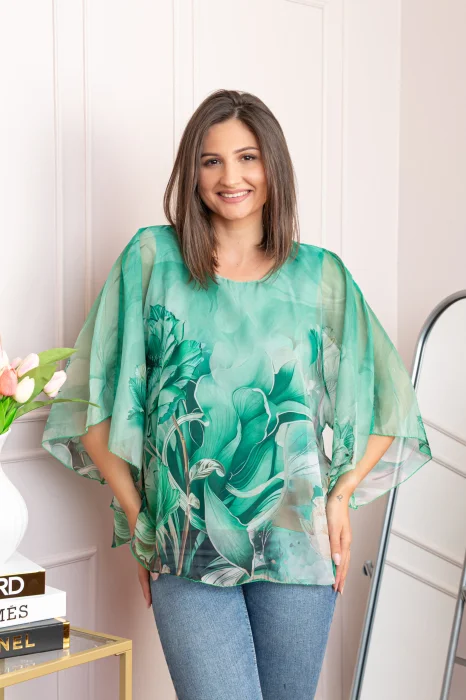 Bluza dama eleganta Shirley verde smarald din voal cu imprimeu floral