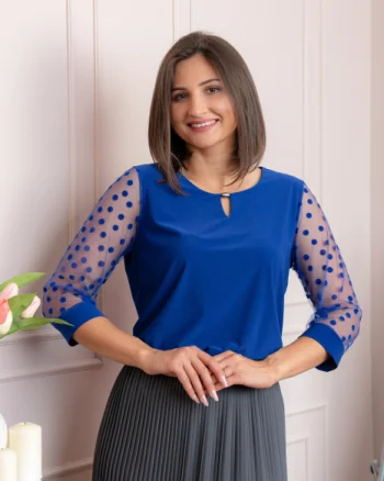 Bluza albastru regal dama Bridget cu maneci transparente cu buline