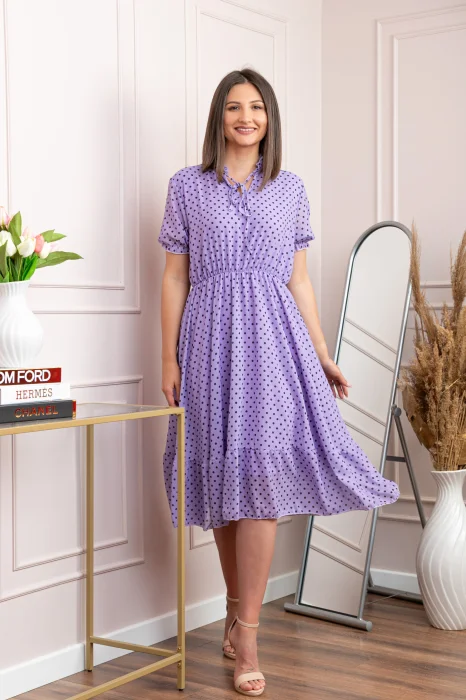 Rochie retro lila Leslie cu buline negre si maneci bufante