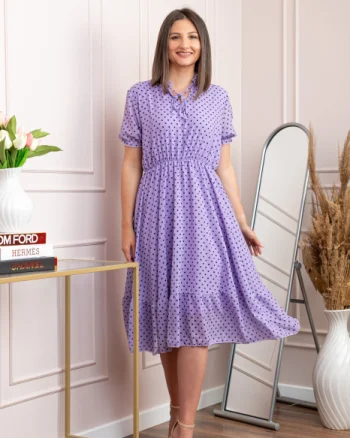 Rochie retro lila Leslie cu buline negre si maneci bufante