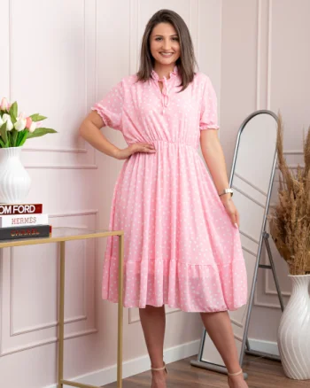 Rochie retro Krista cu buline albe si maneci bufante - Roz