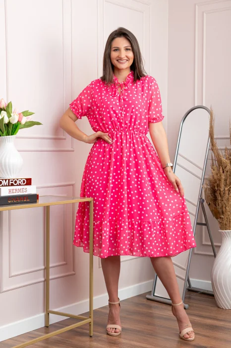Rochie retro Krista cu buline albe si maneci bufante - Ciclam