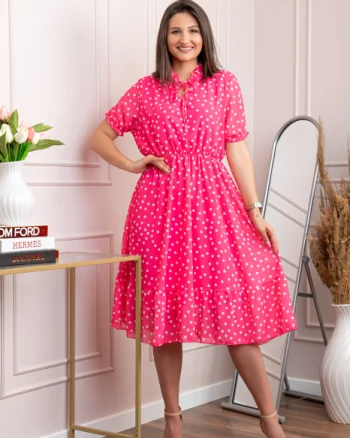 Rochie retro Krista cu buline albe si maneci bufante - Ciclam