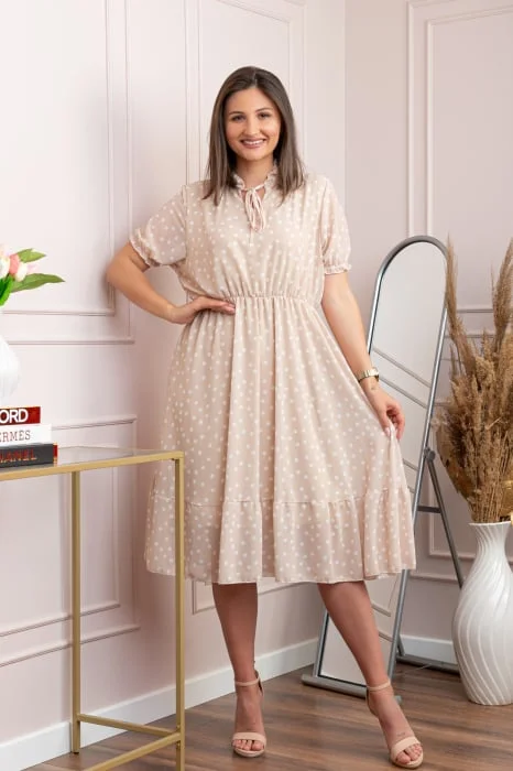 Rochie retro Krista cu buline albe si maneci bufante - Crem