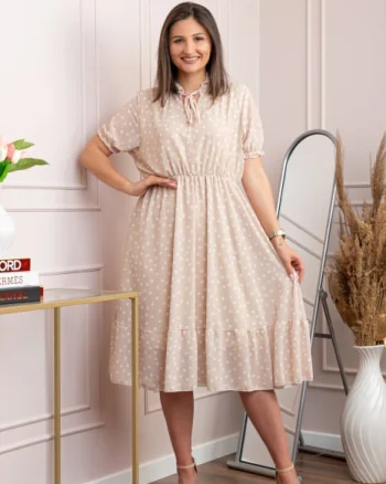 Rochie retro Krista cu buline albe si maneci bufante - Crem
